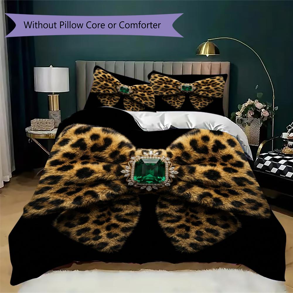 Leopard Print Bow Pattern Bedding uilt Set uilt Cover Pillowcase Home Decoration Birthday Gift (1 * duvet cover + 2 * pillowcase without core)16