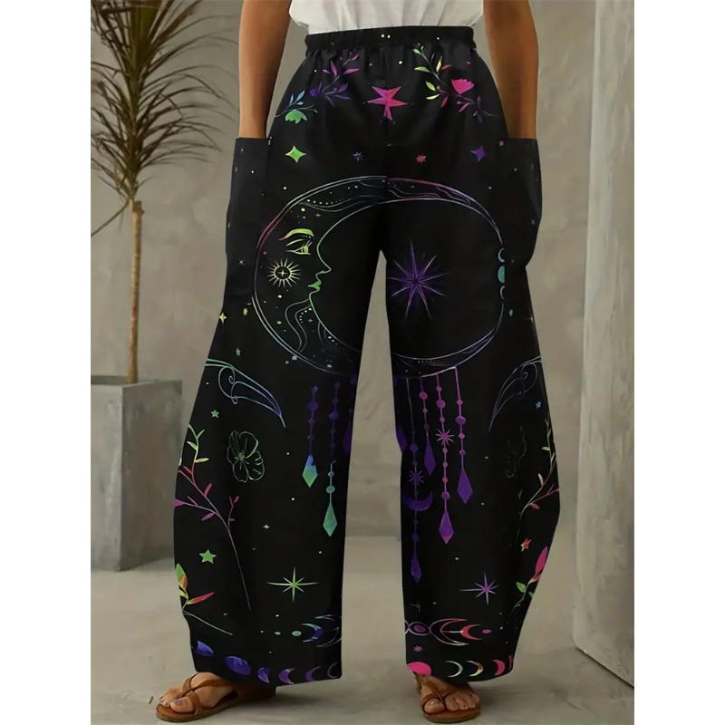 Women's Fashion Wide-legged Pants Elegant 3d Sun, Moon And Star Printed Pants Women's Street Vintage Pants With Pockets