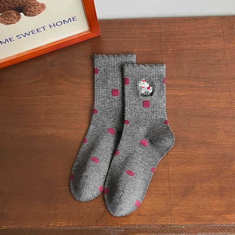 Female Spring and Autumn Lovely Polka Dot Lovely Embroidered Cartoon Dog In Tube Cotton Socks
