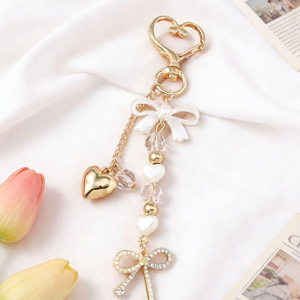 DIY Rhinestone Pendant Zinc Zinc Alloy Bag Charm Trendy Pearl Bow Keychain  Bag Ornament