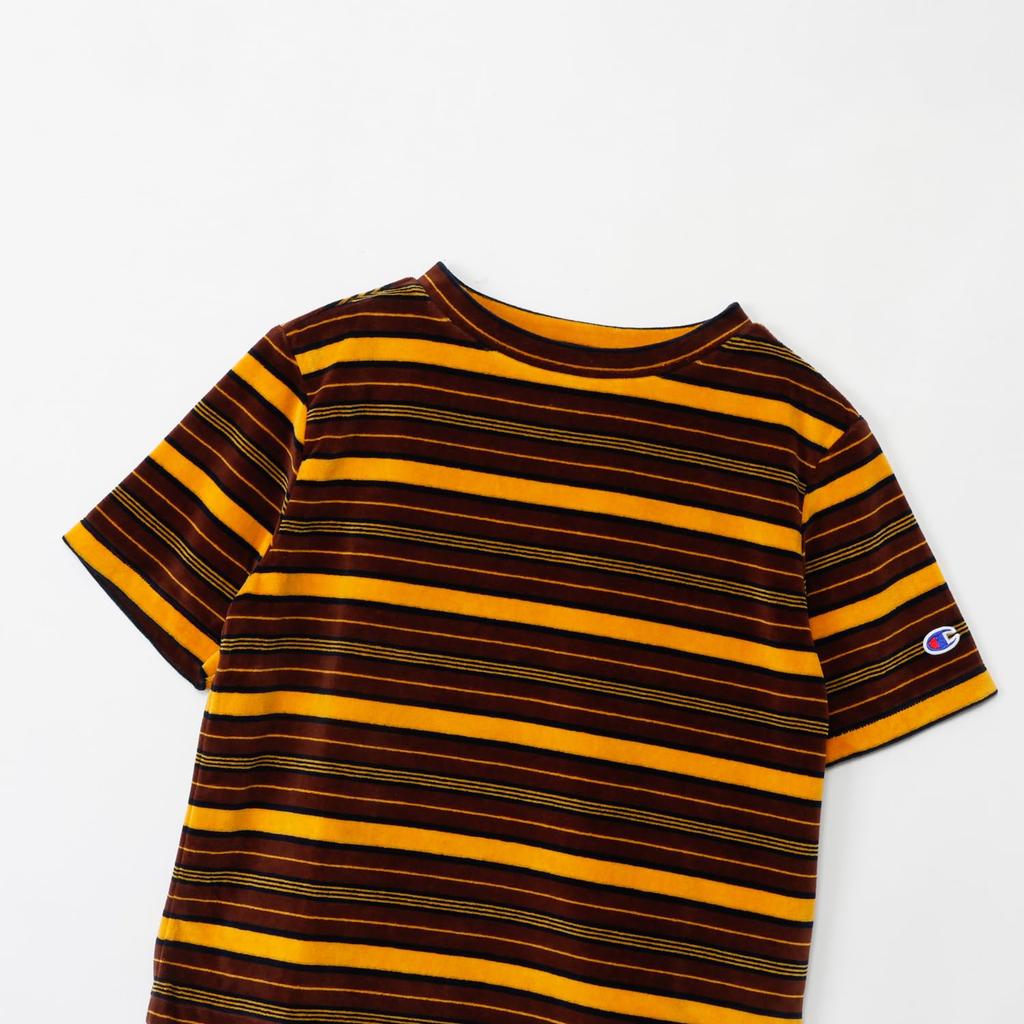 Champion Short Sleeve Crew Neck Relax Fit Striped Brown x Women's T-Shirt, Yellow, CW-B305
