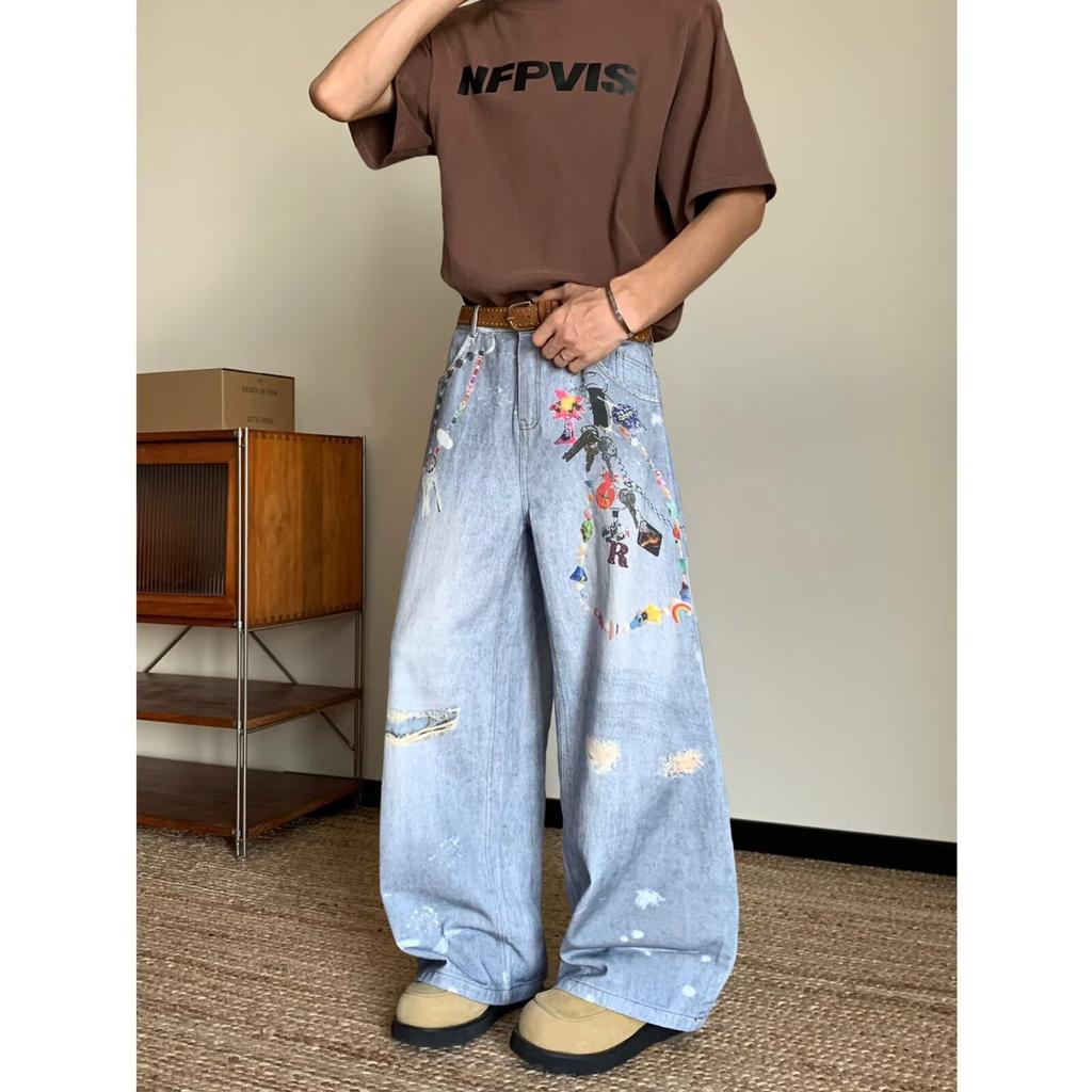 Men's Mid Rise Washed Cat Whisker Barrel Jeans Loose Wide Leg Denim Pants American Vintage High Street Y2K Casual Four Seasons Long Trousers