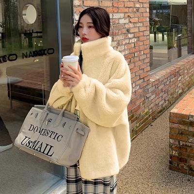 Women's Stand Collar Zipper Granular Wool Coat