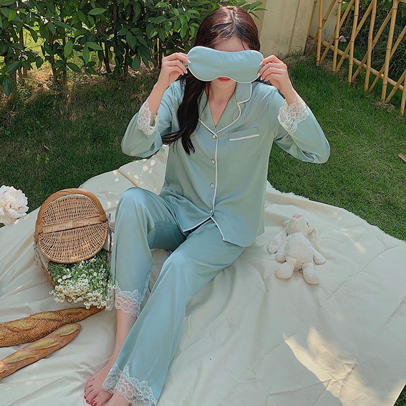 New Pajamas Women'S Spring And Summer Long-Sleeved Cardigan Lace Solid Color High-End Comfortable Loungewear Set Spot