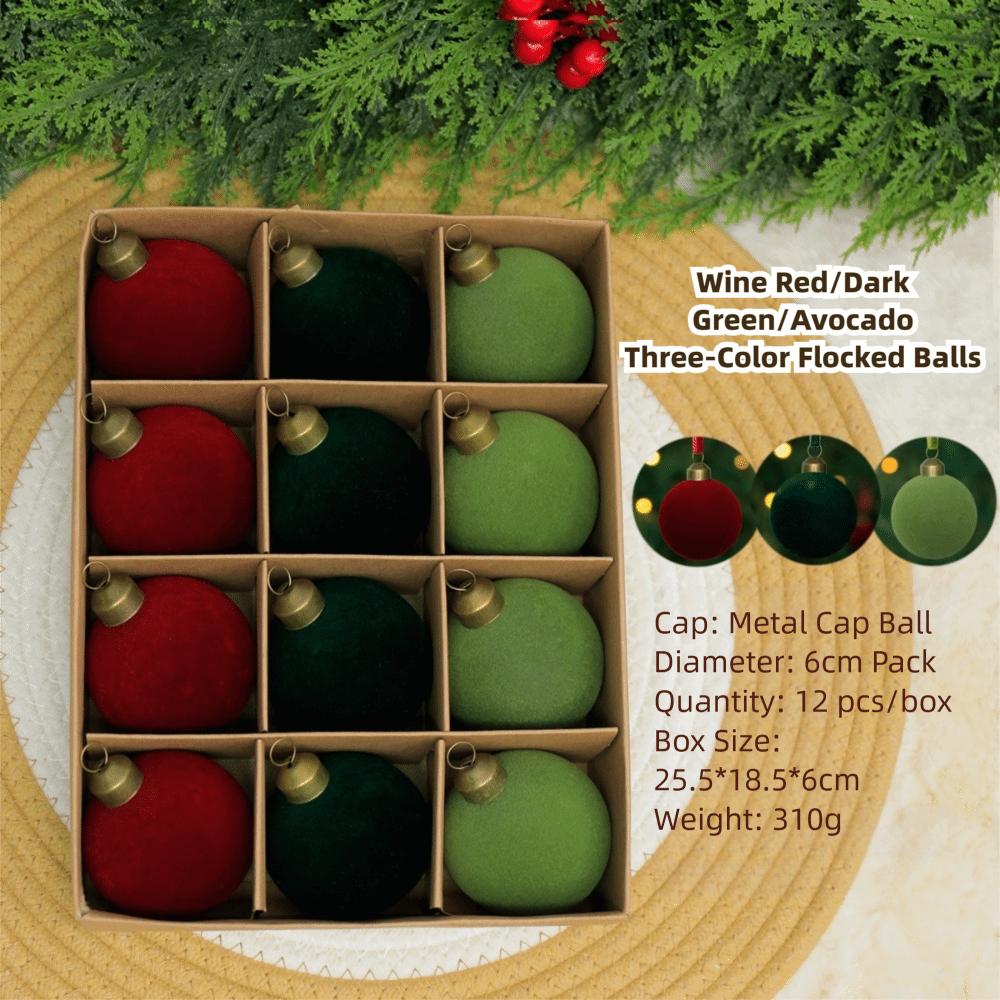 

12Pcs Set 6cm Xmas Tree Decorations Flocked Texture Hanging Design Velvet Cloth Decorative Balls 8cm Christmas Tree Decor