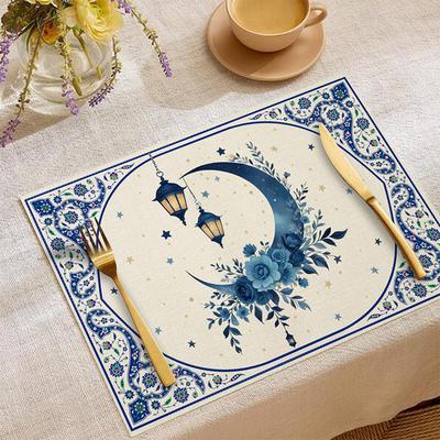 Islamic Style Moon Architecture Linen Table Mat Middle East Ramadan Rectangular Heat-resistant Placemat Accessories Cute Gifts