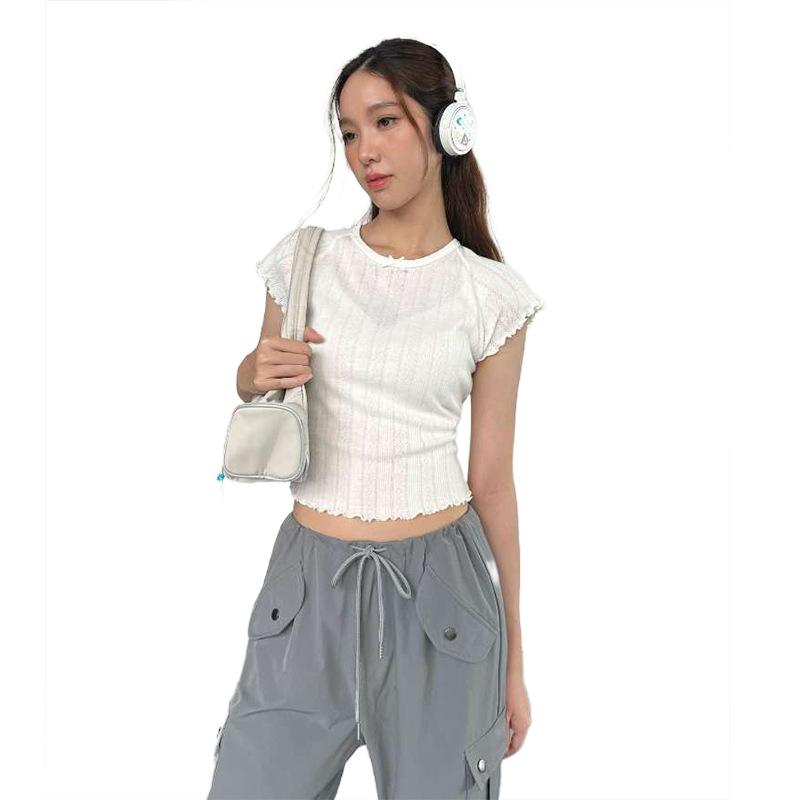 Spring and Summer Women's Clothing New Arrivals Sweet Girl Style Solid Color Personality Round Neck Slim Short Sleeve T-shirt for Women