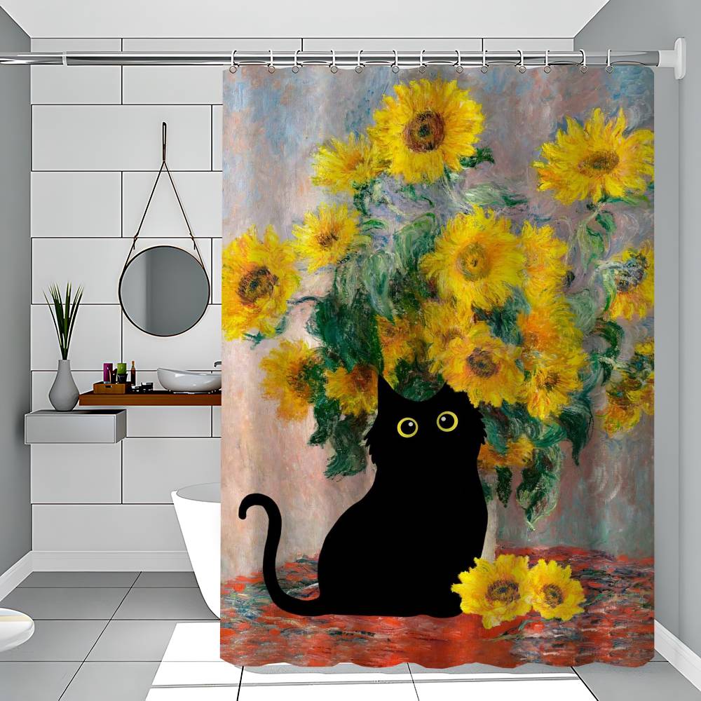 Claude Monet Artworks Interesting Cute Black Cat Simple Shower Curtain Bathroom Shower Curtain Easy To Clean Scrub Polyester