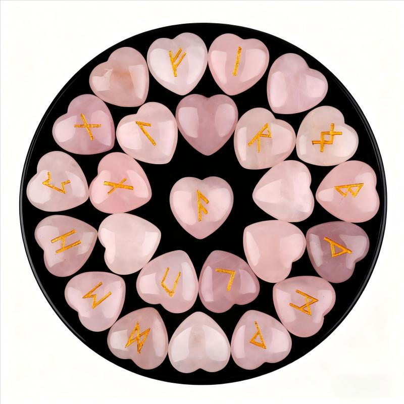 Natural Amethyst Heart Shaped Rune Stones Set 25pcs Crystal Heart Stone Witches Reiki Healing Energy Rune Letter 25 in a bag