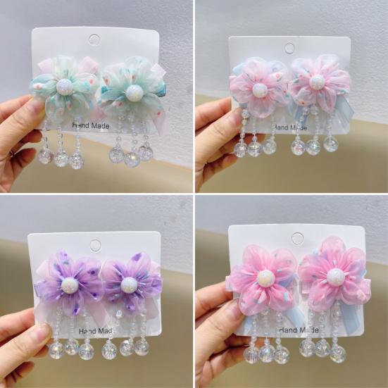 Hairpin Gradient Organza Flowers Bowknot Imitation Pearl Decor with Beaded Tassel Hair Clip