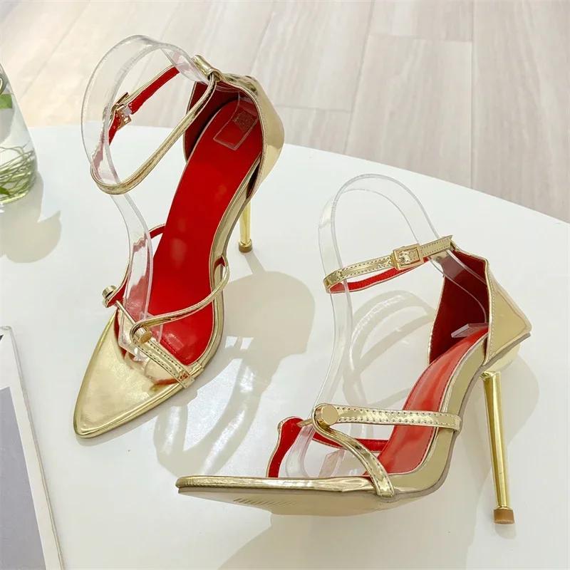 Modne Eilyken Seksowne Sandały Damskie na Cienkim Obcasie z Paskiem na Klamrę z Ćwiekami Letnie Z Odkrytymi Palcami Buty Stripperki Styl Design Wycinane Zapatos Mujer