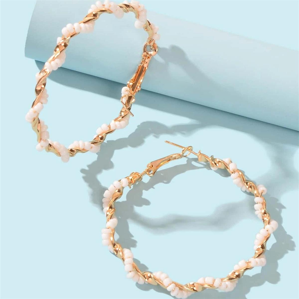 

Большие круглые серьги C-образной формы с рисовыми бусинами, модные серьги O-образной формы с жемчужной закруткой золотой