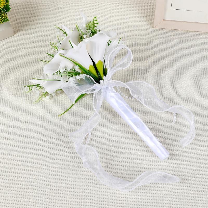 Artificial Silk Flower Bride Handheld Bouquet Wedding Flower Arrangement with Ribbon Design for Ceremony Engagement