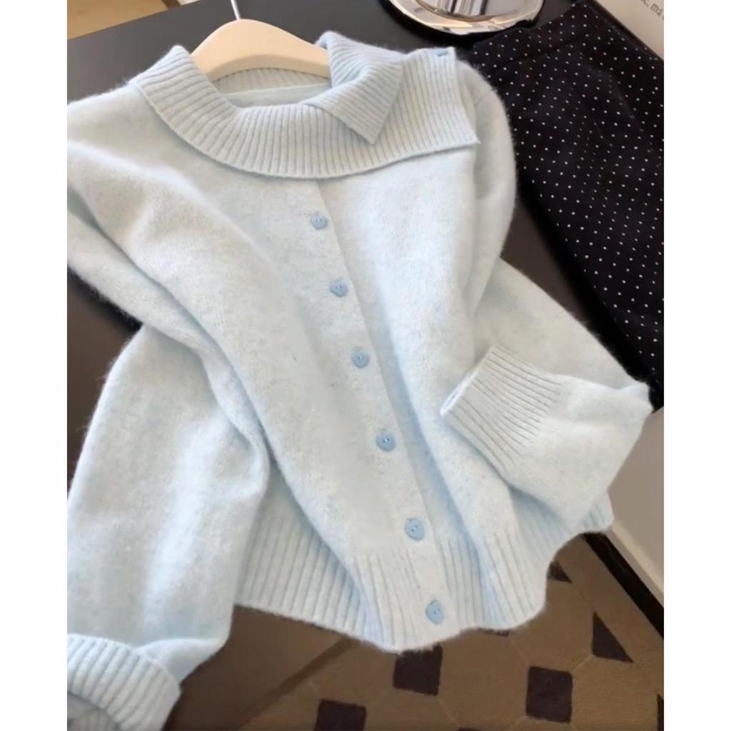 2025 Autumn/Winter Blue Lapel Button Knit Cardigan - Loose, Slimming, Versatile Sweater, Warm Outerwear