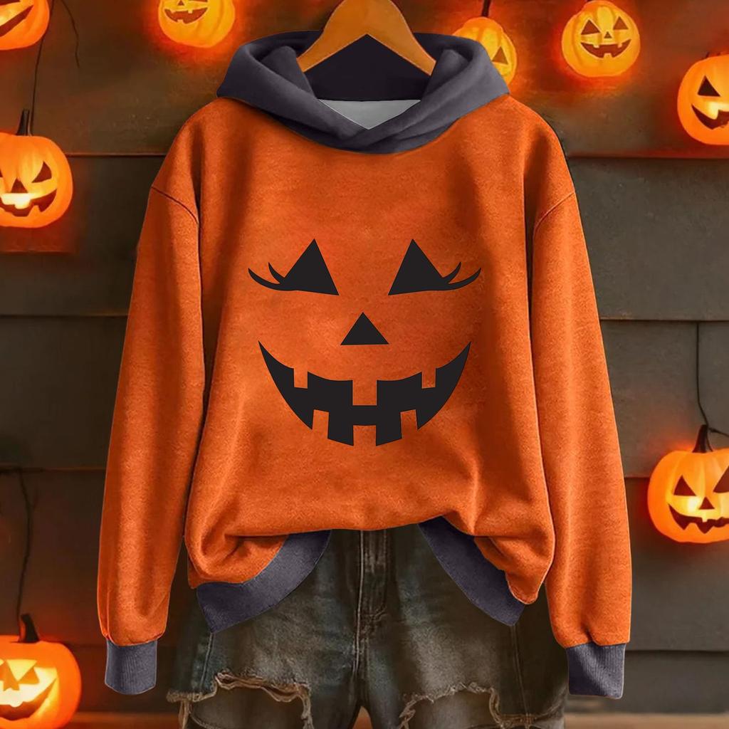 Ladies' Casual And Fashionable Halloween Printed Long Sleeved Hooded Warm Shirt Loose And Comfortable Hoodie