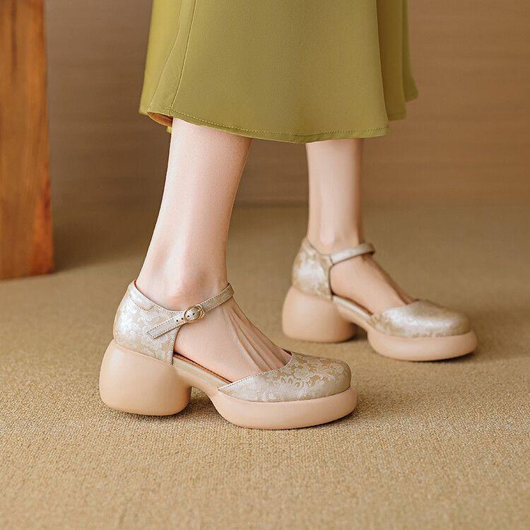 Thick-soled Bag Head Sandals Women's Leather Muffin One-word Buckle Shoes New Summer High-heeled Hollow Mary Jane Shoes