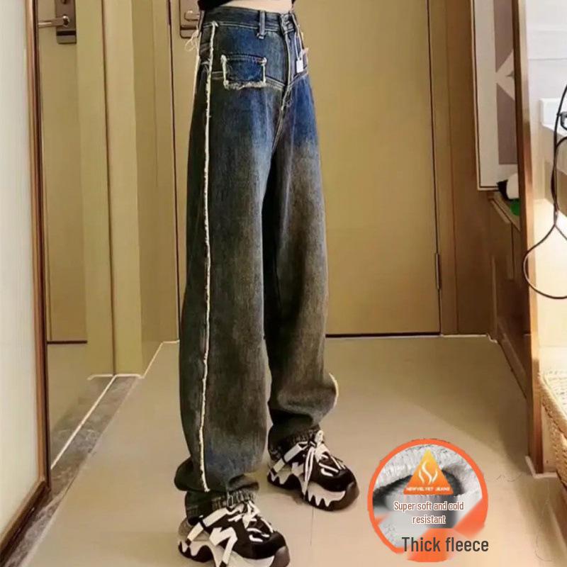 

Women s Frayed Color Block Denim Wide-Leg Pants: 2024 Autumn/Winter Fleece Lined, Plus Size, High Waist, Loose, Slimming Straight Leg 3XL [140-160 lbs]