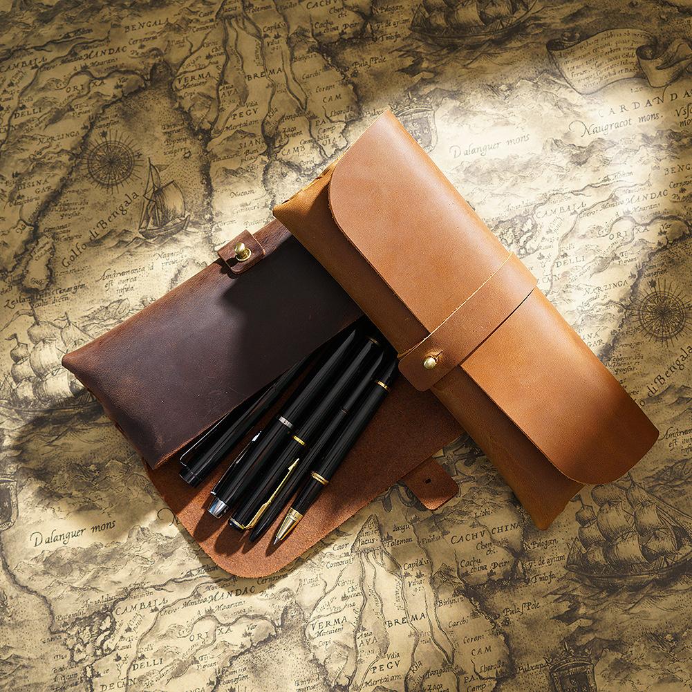Vintage Cowhide Leather Pencil Case Simple School Students Stationary Case Large Capacity Men's Gift Pens Bag Great As a Gift