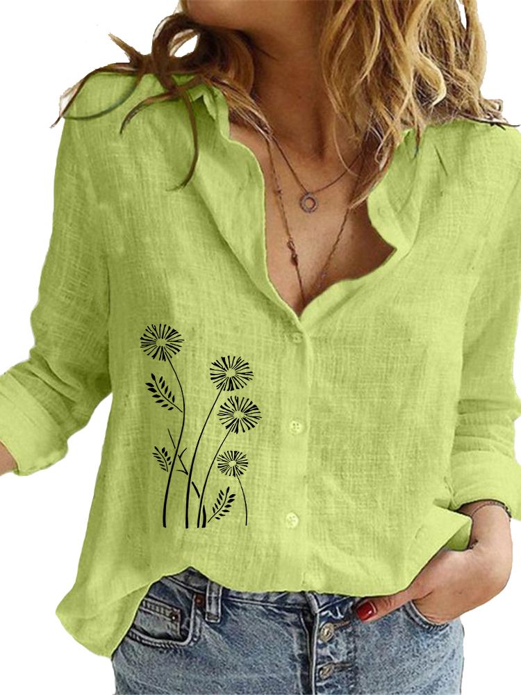 Women Fashion Floral Print Shirt Spring&summer Loose Top Ladies Casual Cotton Linen Blouse