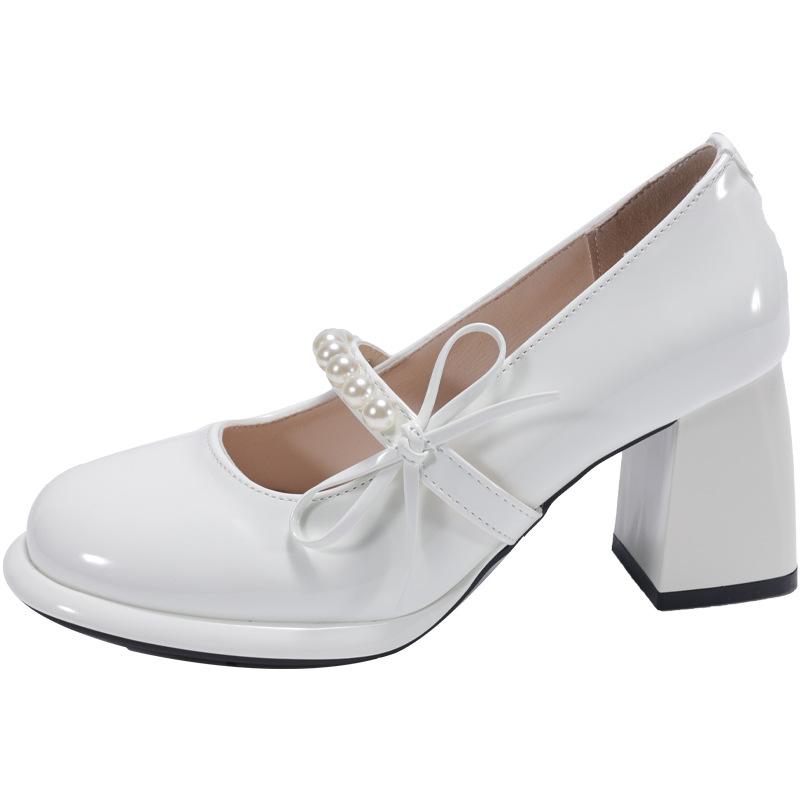 Casual Mary Jane Women's Shoes Summer New Bow Retro French High Heels Thick Heel Round Head Single Shoes Small Leather Shoes Women