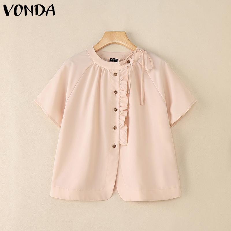 VONDA Women Short Sleeve Side Buttons Up Ruffled Solid Casual Blouse