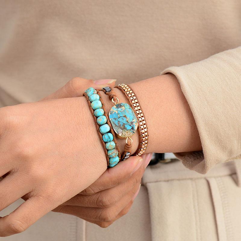 Bohemian-style Beveled Turquoise Bracelet, Three-layered Wrapped Hand-woven Leather Cord Bracelet