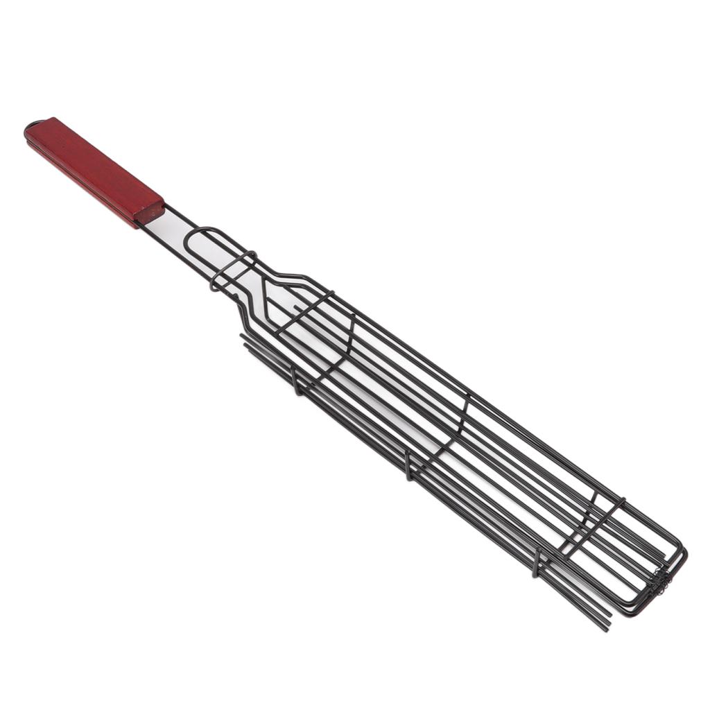 Kabob Grilling Baskets Lockable Iron Kebab Grill Grate with Wooden Handle for Grilling Vegetables Hot Dog Meat