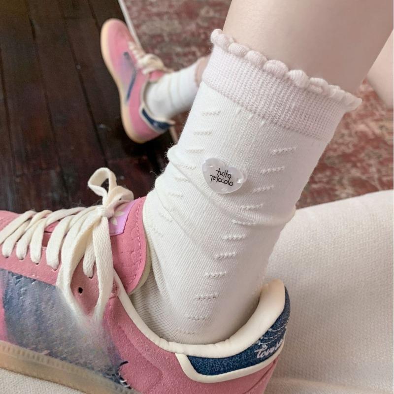 Pink Floral-patterned Socks - Spring and Summer Pile Socks, Simple Lace-edged Bow Tie Ankle-length Socks