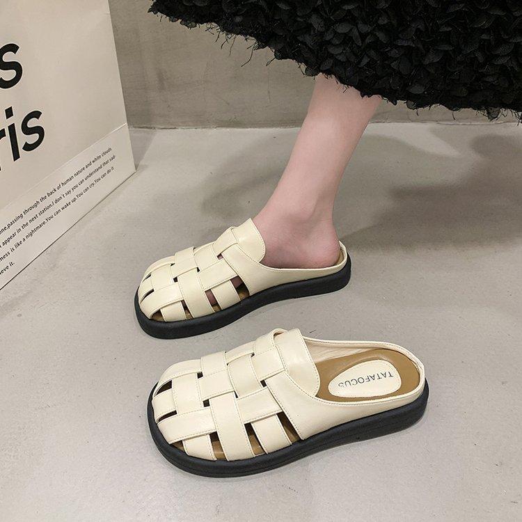 Leather bag head half slippers women's summer wear 2025 new retro woven hollow thick sole one pedal lazy shoes