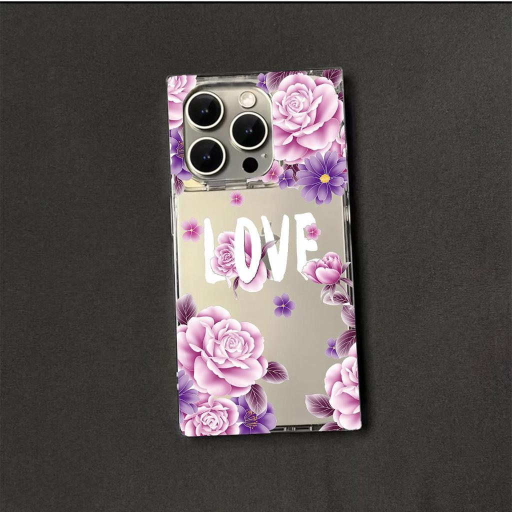Transparente quadratische Rückseite Röhrenhülle Schutz für iPhone 13 12 11 14 Pro Max 15 Plus 16 ProMax Anti-Sauerstoff, Rosa Rosen Muster Hülle