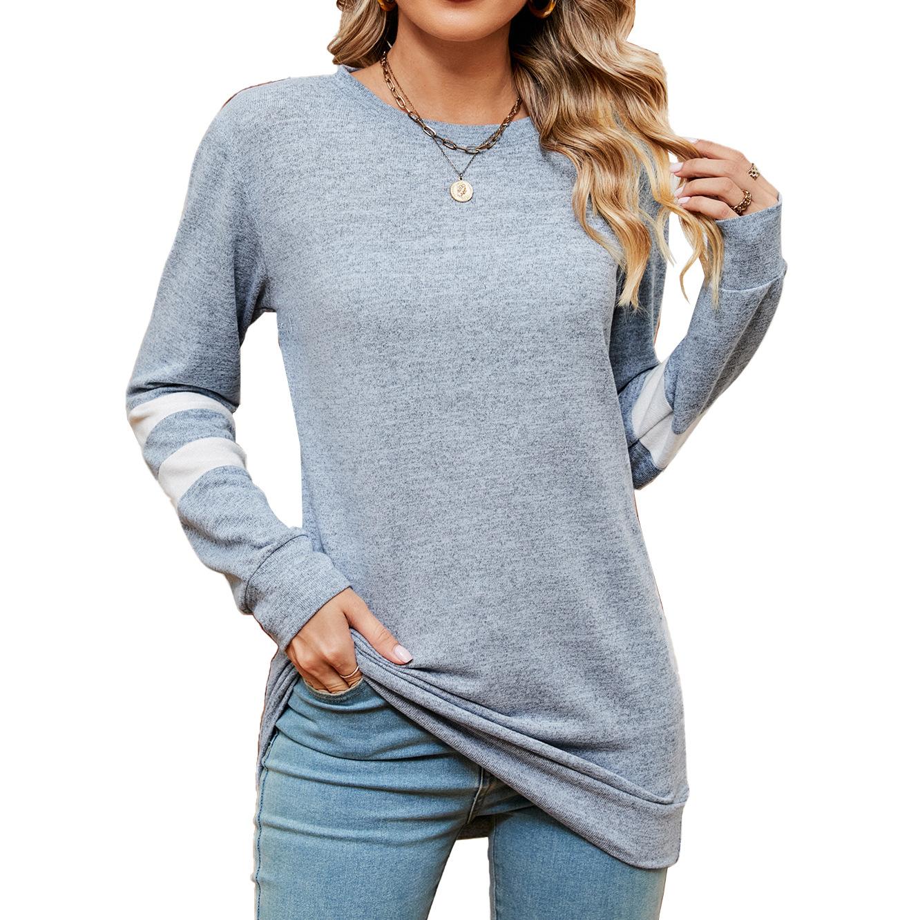 

2024 Европейская и Американская осень и зима Новая круглая горловина Контрастные вставки свободные длинные рукава футболка Топ для женщин XXL светло-синий