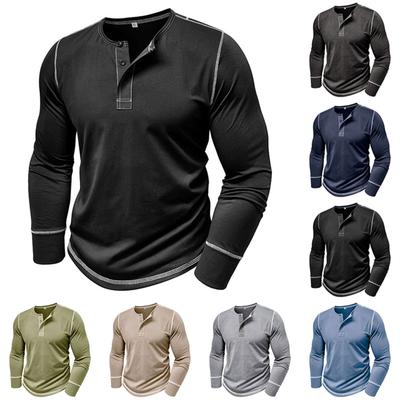 Herren Langarmhemd Herren Rundhalsausschnitt Knopf T-Shirt Farbblock Top