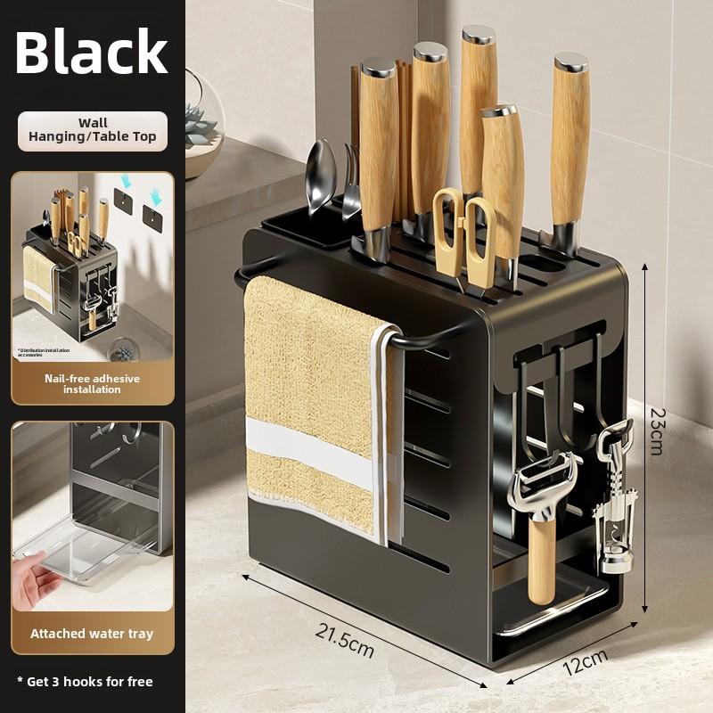 Kitchen Wall Mount Knife Holder Organizer Rack with Chopstick Storage and Dish Drying Tray, No Drilling Required