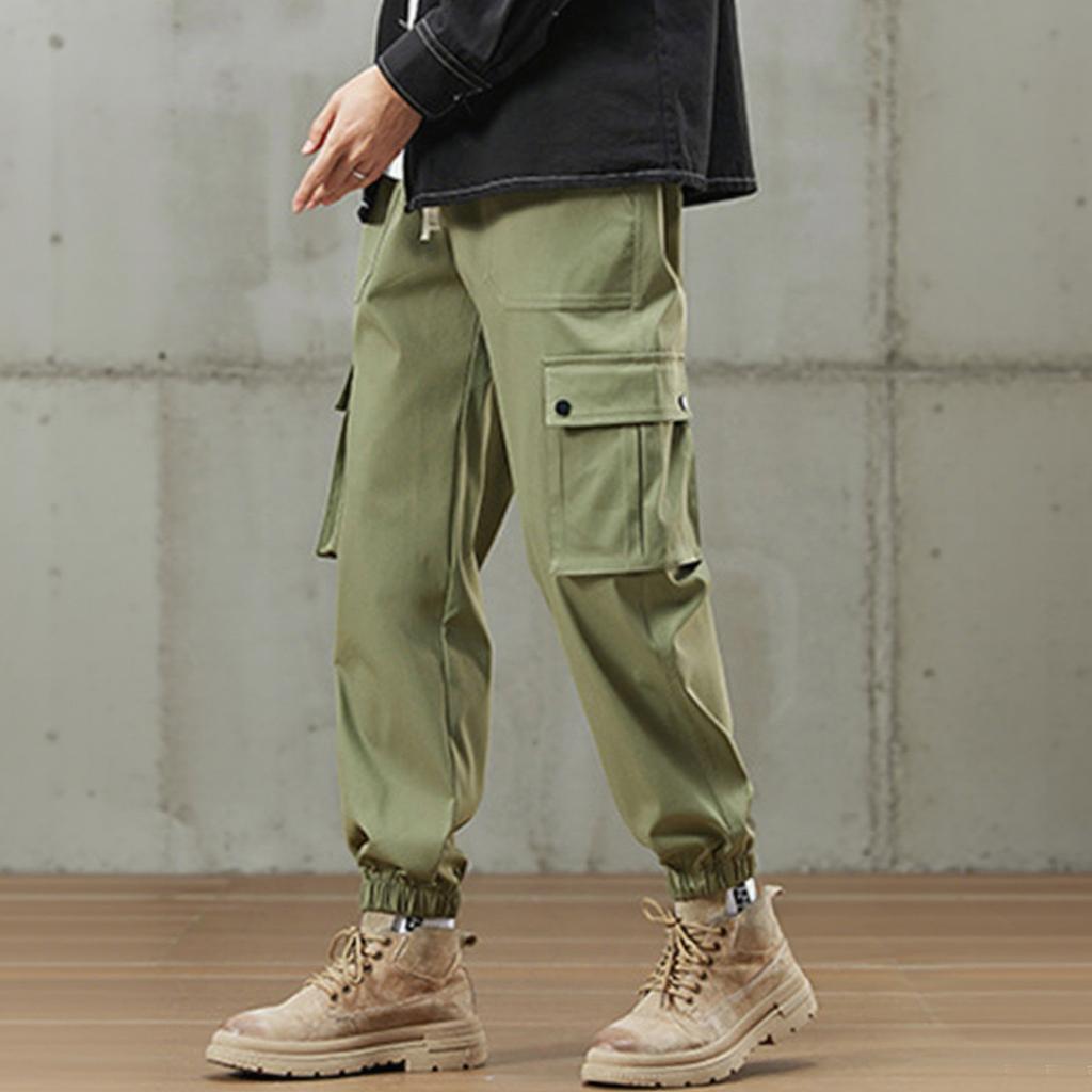Men's Solid Color Overalls Loose Fitting Drawstring Pants Trendy Multi Pocket Casual Pants