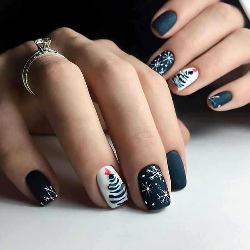 Christmas Press On Nails Medium Square Fake Nails with Gold Snowflake Christmas Tree Designs Xmas Red False Nail Acrylic Winter Snow Stick On Nail