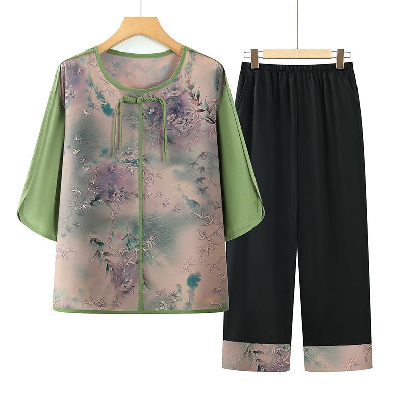 Summer 2026 New Chinese Style Outfit: Two-Piece Shirt and Trousers Set for Middle-aged and Elderly Women