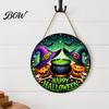 Rustic Wood Plaque Happy Halloween Front Door Hanging Sign, Retro Round Witch Hat Magic Cauldron Horror Spooky Home Accents Wooden Welcome Pendant for