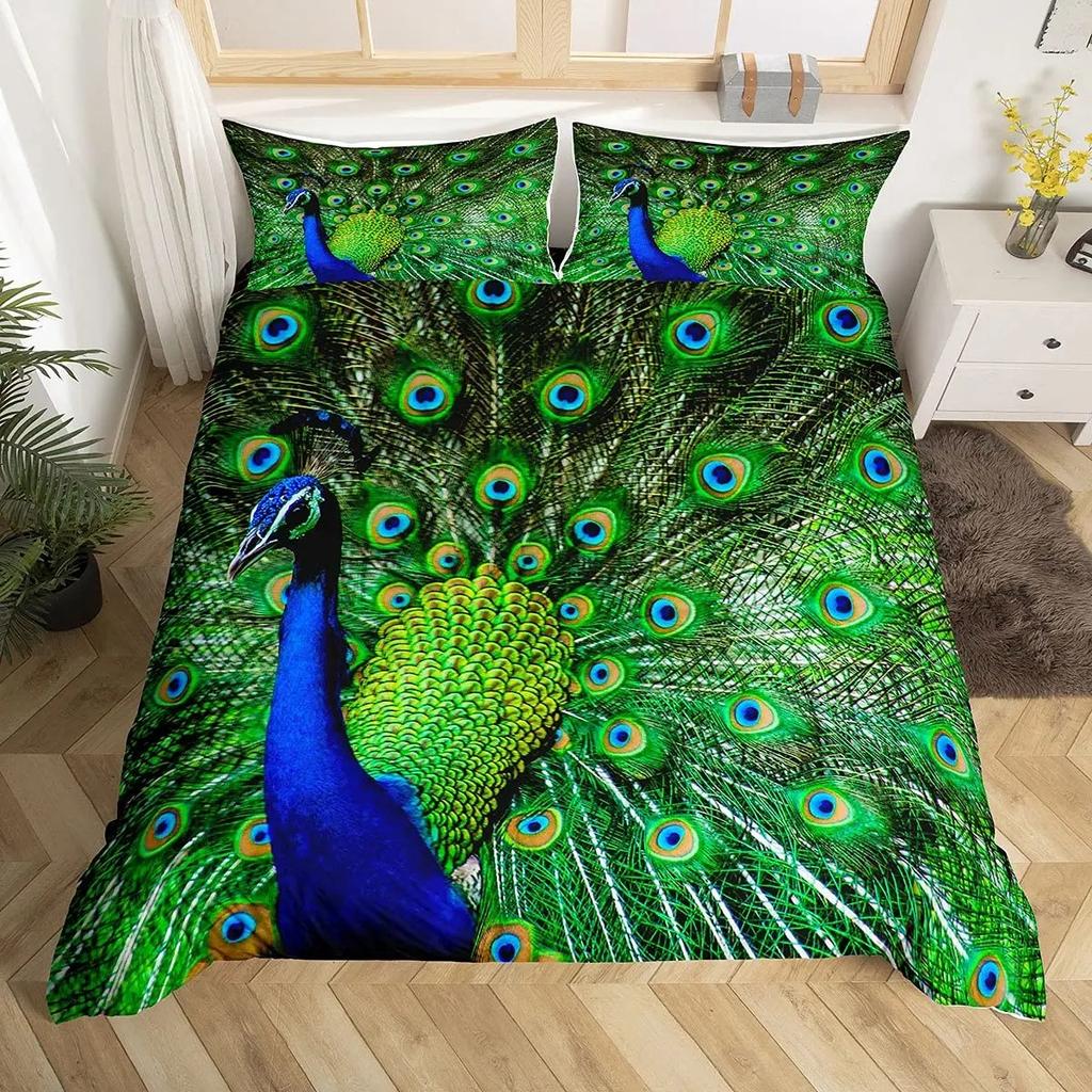 Peacock Feather Printed Decor Peacock Duvet Cover King Size Pretty Animal Pattern Bedding Set with Pillowcase for Girl Kid Adult