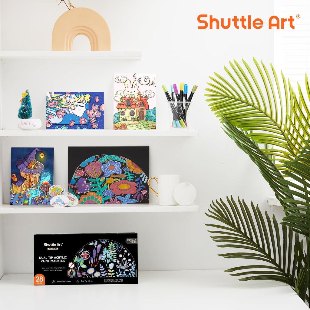 Shuttle Art Acrylic Metallic Dot Brush Tip Twin Acrylic Paint Suitable for and Art Gift Markers, Colors, & Pen, 28-Color Set, Glitter, Water-Based