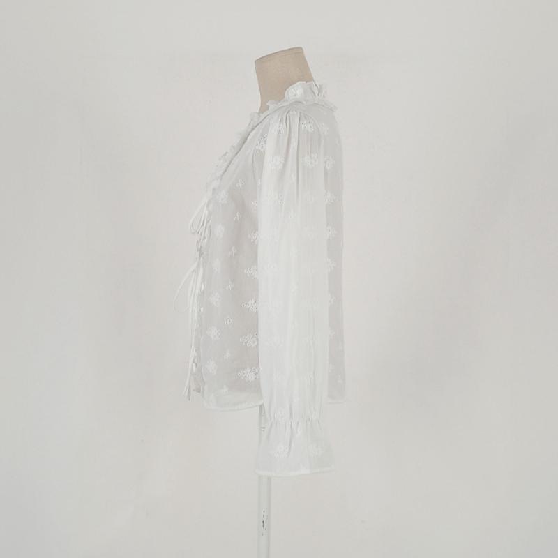 Fashion New Ruffled V-neck White Lace Shirt Women Long Sleeve Tops Lace-up Elegant White Blouse Women Vintage Hollow Solid Slim Fit Female Shirt 26238
