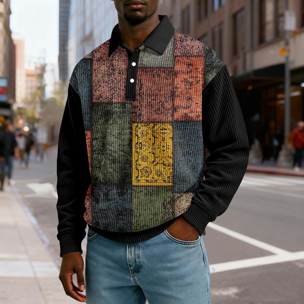 Herren Lässig Locker sitzend Oberteil Knopfleiste Kragen mit Knöpfen Lange Ärmel