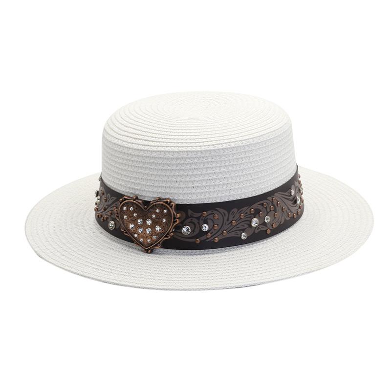 Straw hat women's spring and summer retro casual women's rhinestone straw woven flat top top hat outdoor sunshade beach hat hat