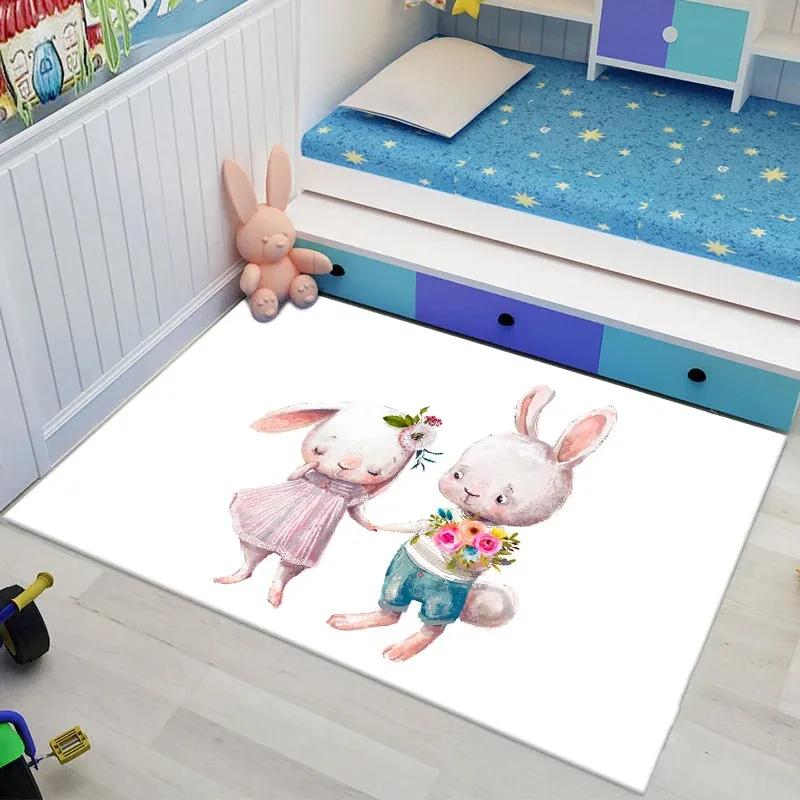 Bunny Carpet For Easter Living Room Decor Lovely Cartoon Rabbit Print Crawling Mat Doormat Area Rug Bedroom Bathroom Floor Mats