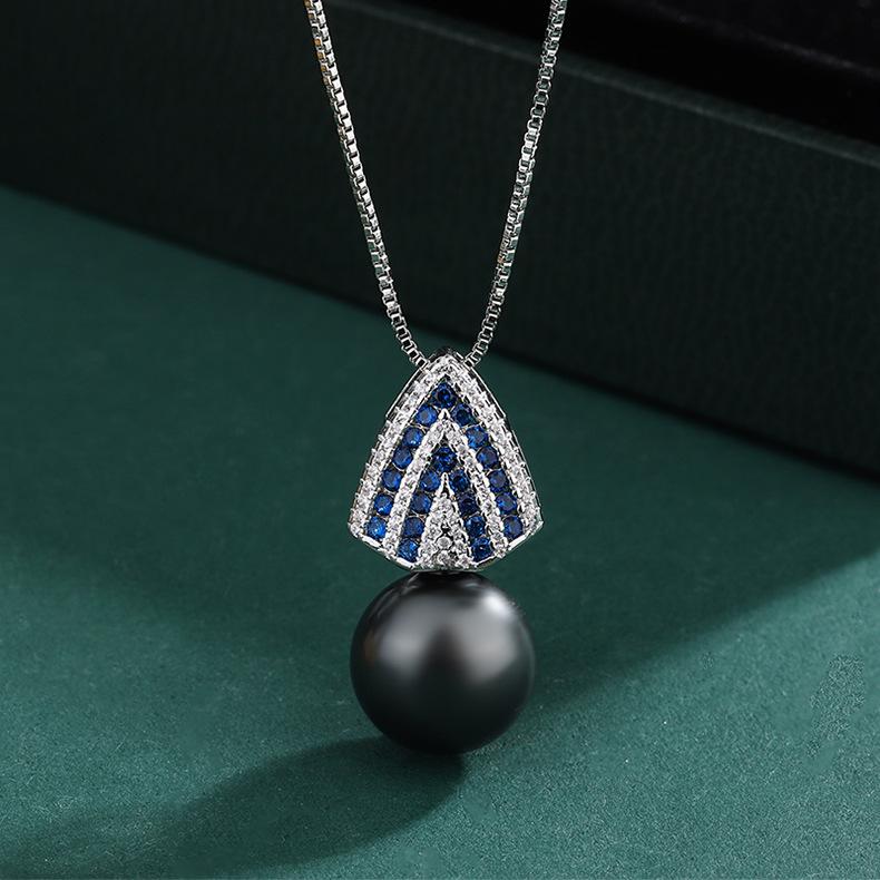 Copper-plated Real Gold Pearl Necklace Stud Earrings Women's Micro-inlaid Blue Diamond Zircon White Pearl Pendant Jewelry Set