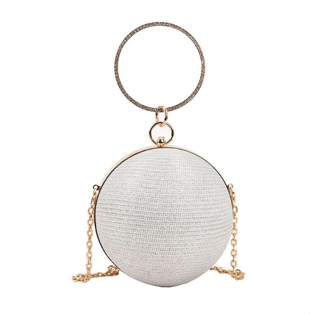 Gold Bright Silk Circular Evening Bag Women Banquet Clutch Rhinestone Decor Chain Shoulder Bags Luxury Female Party Handbags