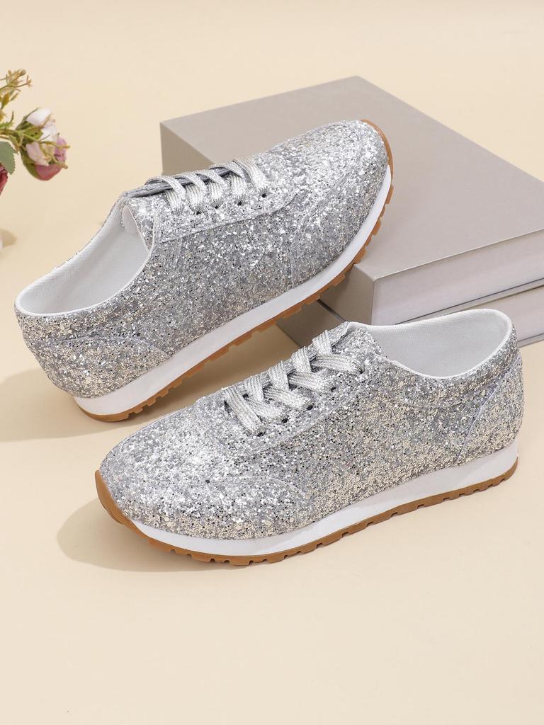 2025 Women's Plus Size Sequined Lace-up Casual Sport Shoes