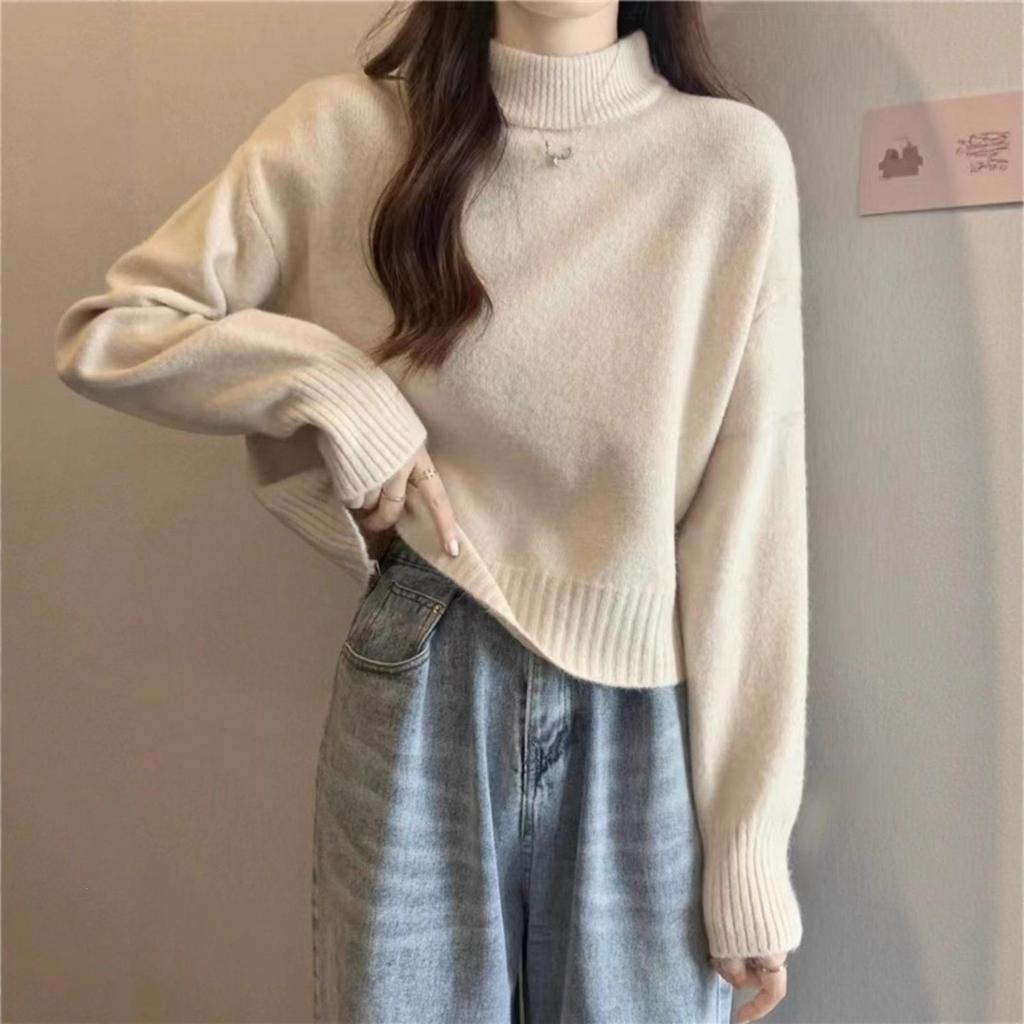 Women's Petite French Knit Sweater, Soft, Thick, Half-High Neck Pullover for Autumn/Winter