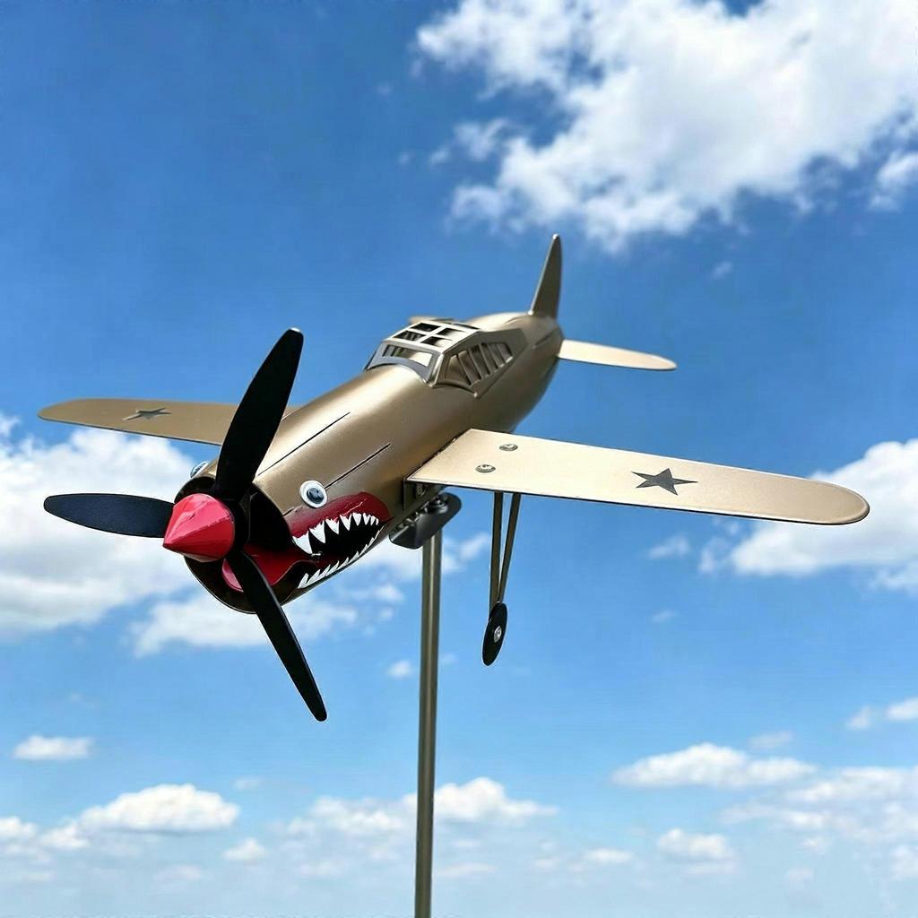 Shark Mouth Warplane Garden Wind Spinner, Metal Airplane Kinetic Sculpture, Outdoor Decor