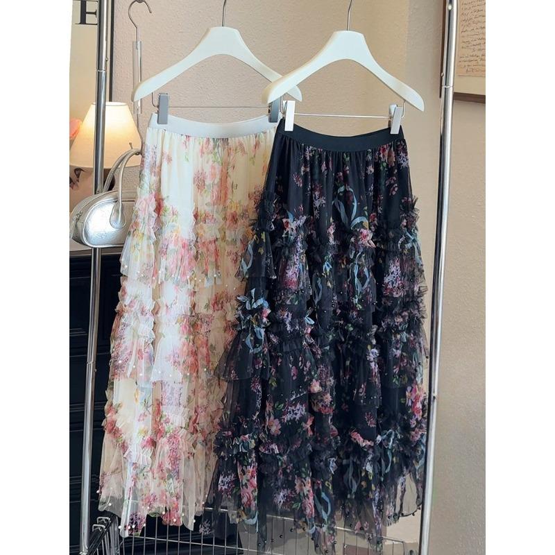 

New bead irregular skirt splicing printing gauze skirt rose printing cake skirt mesh yarn long skirt women s fluffy skirt One size fits all (42.5-70kg) чорний