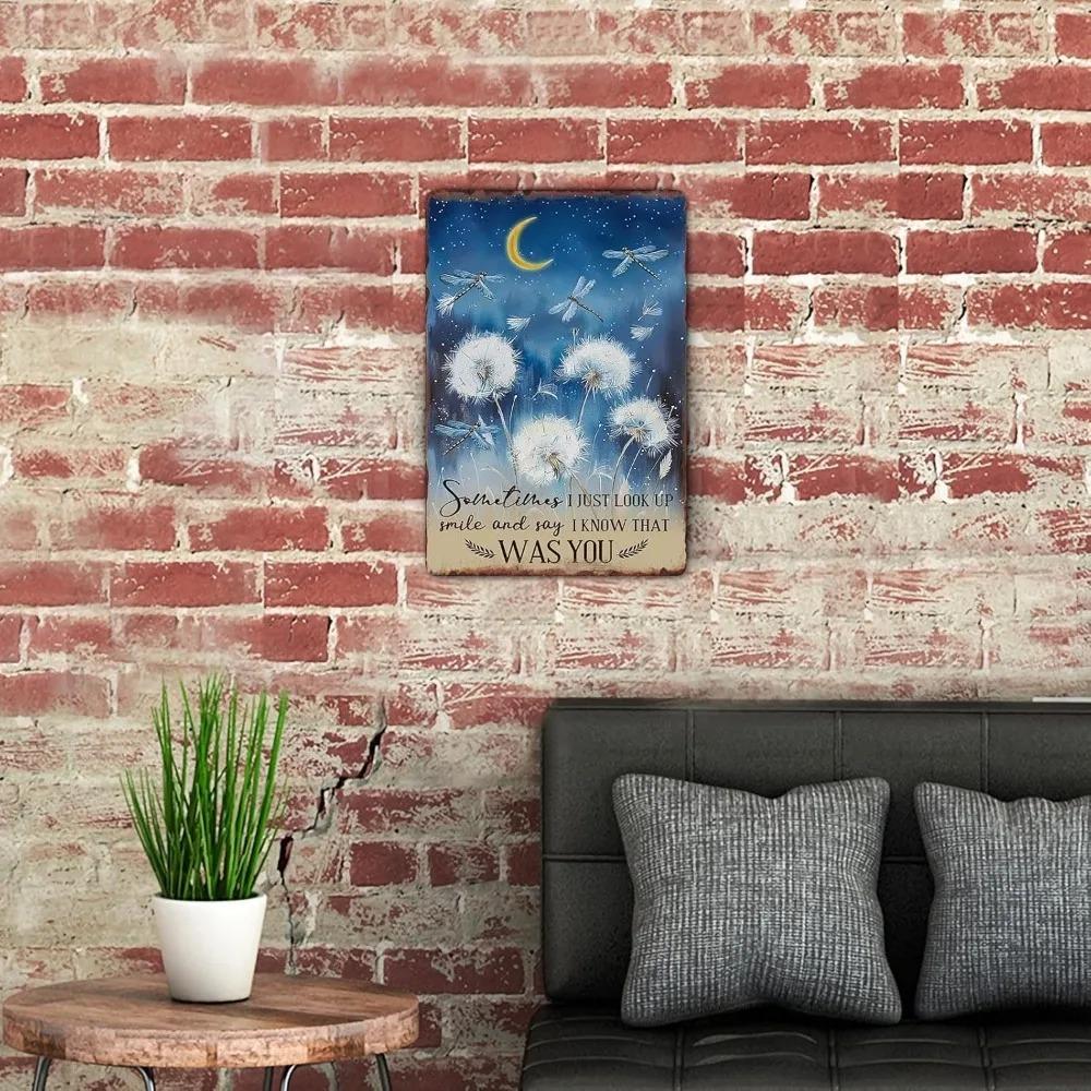 Metal Sign Just Look Up Smile Say I Know That Was You Dragonfly Dandelion Vintage Tin Sign Wall Art for Home Cafe Pub Decor